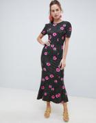 Asos Design City Maxi Tea Dress In Mono Spot Floral - Multi