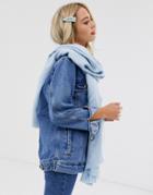 Asos Design Plain Lightweight Winter Pastel Long Scarf With Raw Edge In Blue