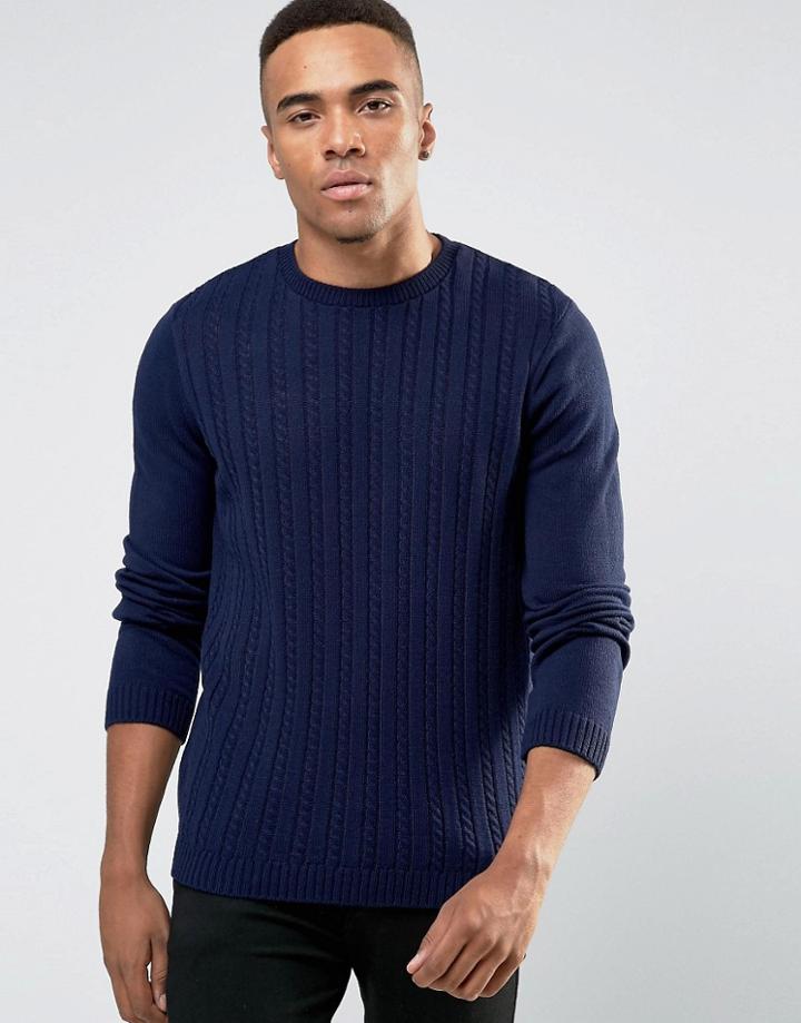 Asos Cable Sweater In Navy - Navy