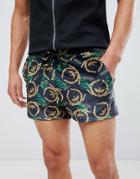Asos Design Skinny Runner Shorts In Velour With Eagle Print - Black