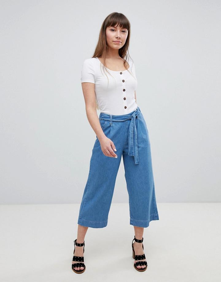 New Look Denim Tie Waist Culottes - Blue