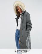 Asos Tall Parka With Ma1 Styling And Removable Fur Liner - Green