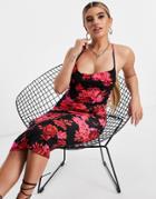 Asos Design Cami Cowl Neck Midi Dress In Pink And Black Floral Print-multi