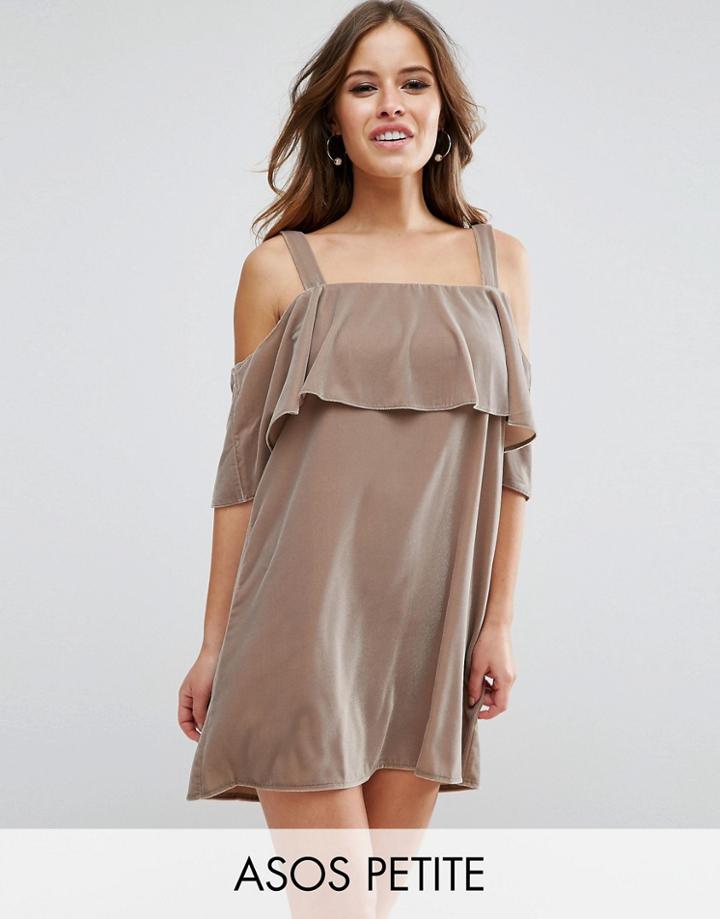 Asos Double Layer Velvet Mini Dress With Cold Shoulder Detail - Beige