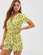 Qed London Wrap Front Romper In Lemon Print-multi