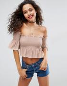 Asos Off Shoulder Top With Shirring Ruffle Detail - Pink