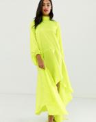 Asos Design Satin Maxi Dress With Scarf Neck And With Extreme Sleeve-yellow
