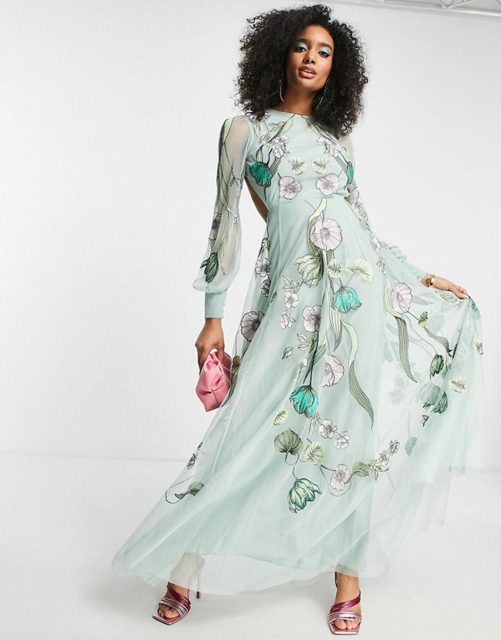 Asos Edition Embroidered Floral Nouveau Placement Maxi Dress In Green