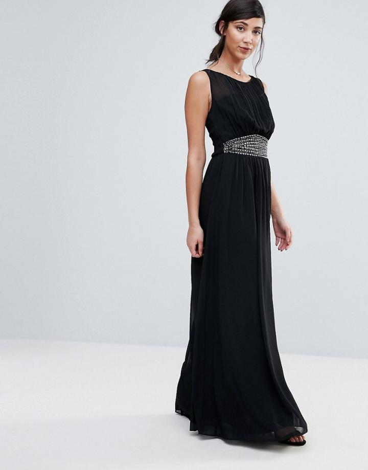 Little Mistress A Line Maxi Dress With Embellished Waist - Black