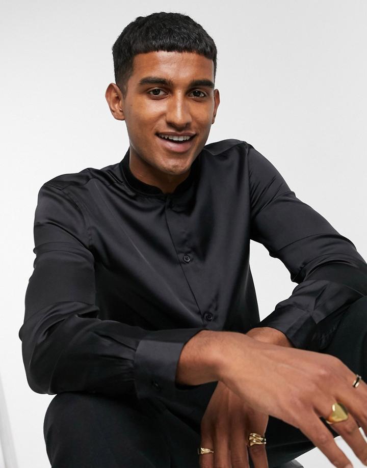 Asos Design Kurta Satin Regular Fit Shirt With Mandarin Collar In Black