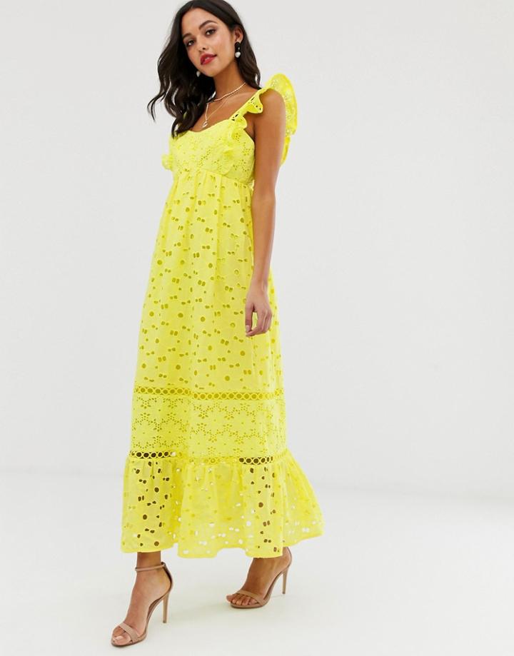 Asos Design Square Neck Trapeze Broderie Maxi Dress - Yellow