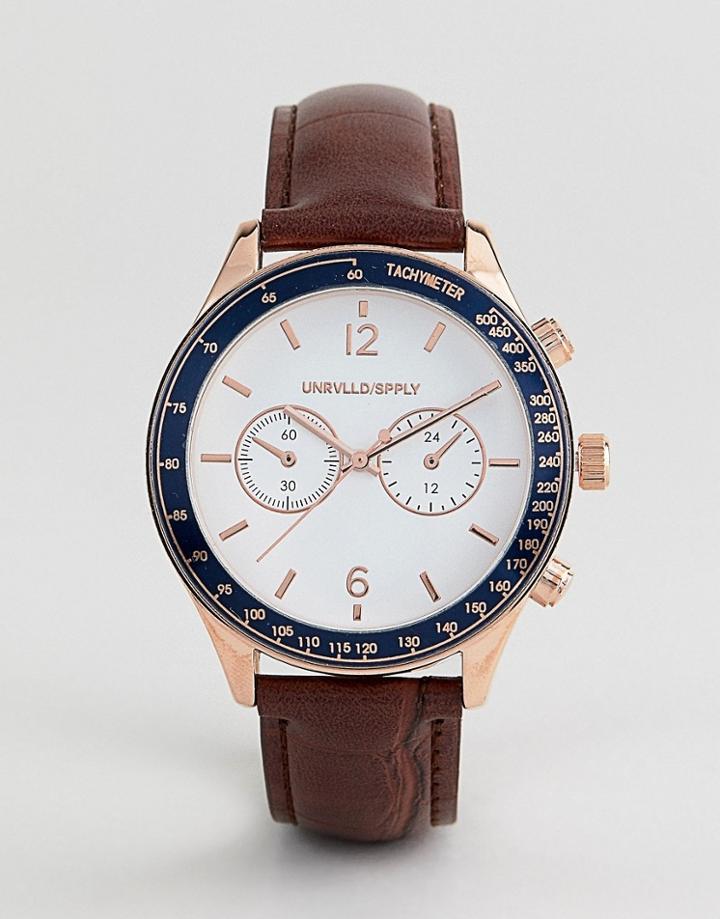 Asos Design Watch With Crocodile Emboss Strap In Brown And Mixed Metal Case - Brown