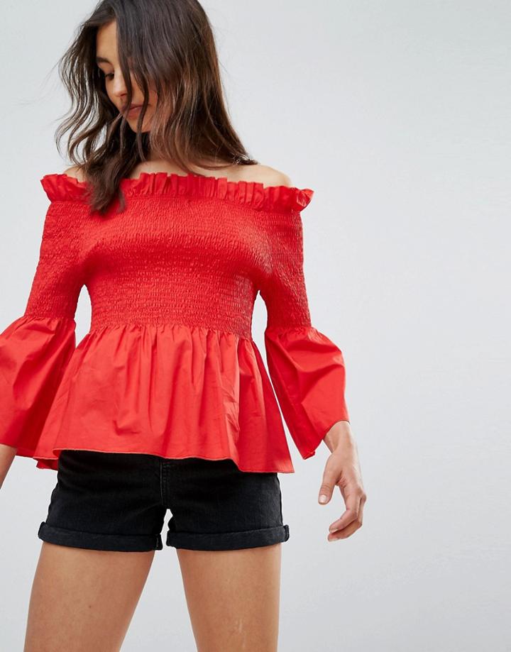 Qed London Frill Hem A-line Off Shoulder Top - Red