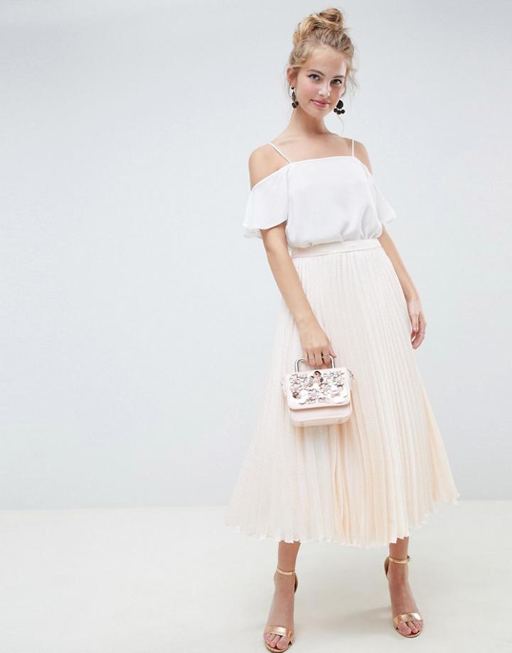 Asos Design Pleated Midi Skirt In Spot Satin - Pink