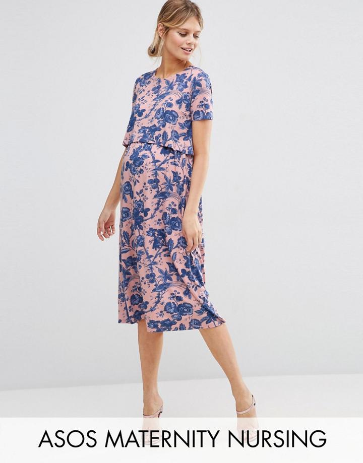 Asos Maternity Nursing Midi Dress In Pink Floral Print - Multi