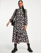 New Look Shirred Collar Puff Sleeve Midi Dress In Black Ditsy Floral