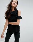 Vesper Cold Shoulder Top With Ruffle Detail - Black