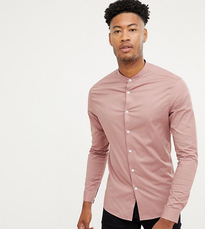 Asos Design Tall Skinny Shirt In Dusty With Grandad Collar - Pink