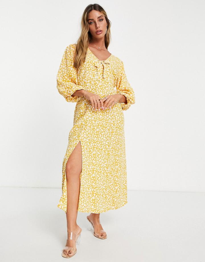 River Island Tie Front Printed Midi Dress In Yellow