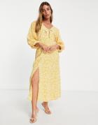 River Island Tie Front Printed Midi Dress In Yellow