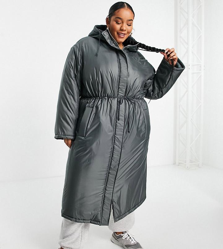 Asos Design Curve Puffer Parka Coat In Charcoal - Gray-grey