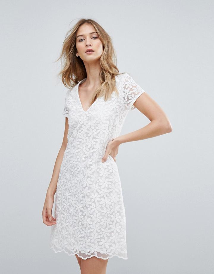 Traffic People V Neck Lace Shift Dress - White
