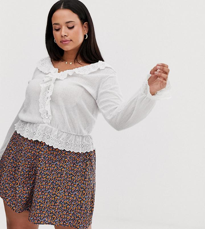 Asos Design Curve Top In Crinkle With Ruffle Broderie Trim - White