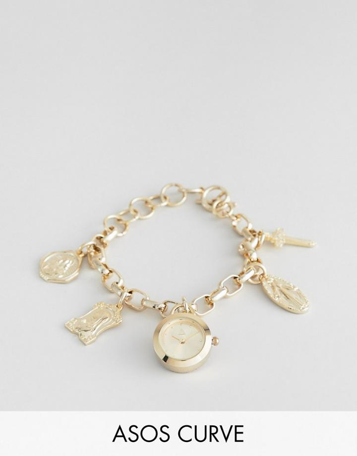 Asos Design Curve Watch With Vintage Style Religious Icon Charms And Clock Pendant In Gold - Gold
