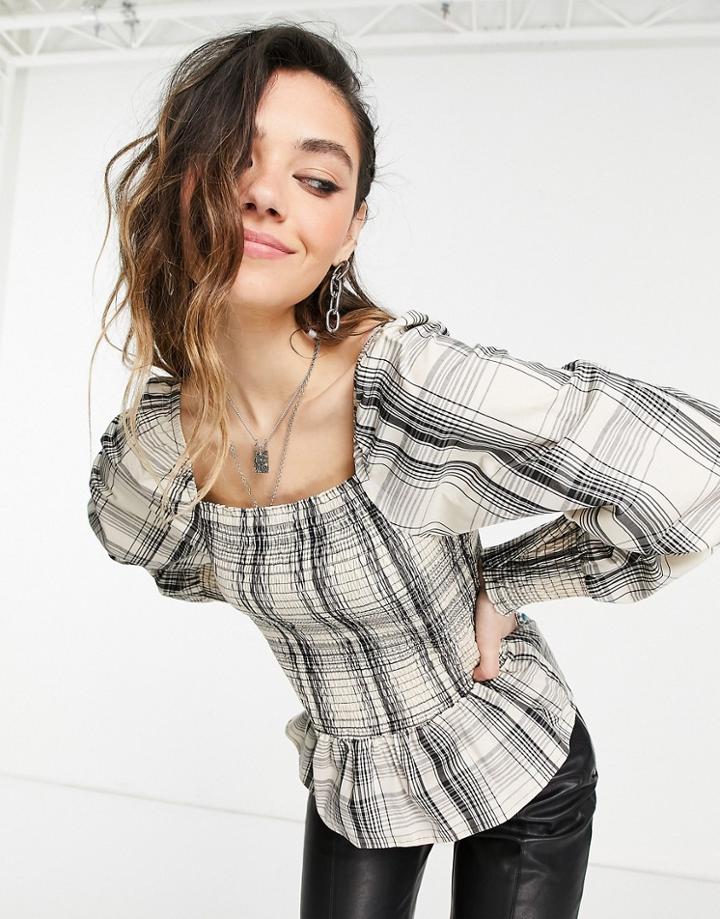 Only Square Neck Top With Shirring In Check-multi