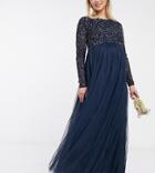Maya Maternity Bridesmaid Long Sleeve Maxi Dress With Delicate Sequin In Navy