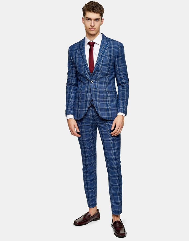 Topman Skinny Single Breasted Suit Jacket In Blue Check-blues