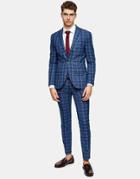 Topman Skinny Single Breasted Suit Jacket In Blue Check-blues