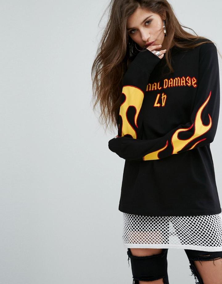Criminal Damage Long Sleeve Top With Flame Print - Black