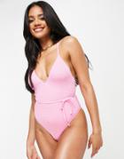 South Beach Crinkle V Plunge Strappy Back Suit-pink