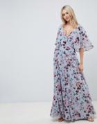 Asos Design Flutter Sleeve Maxi Dress With Pleat Skirt In Floral Print - Multi