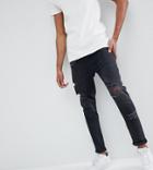 Asos Design Tall Drop Crotch Jeans In Washed Black With Heavy Rips - Black