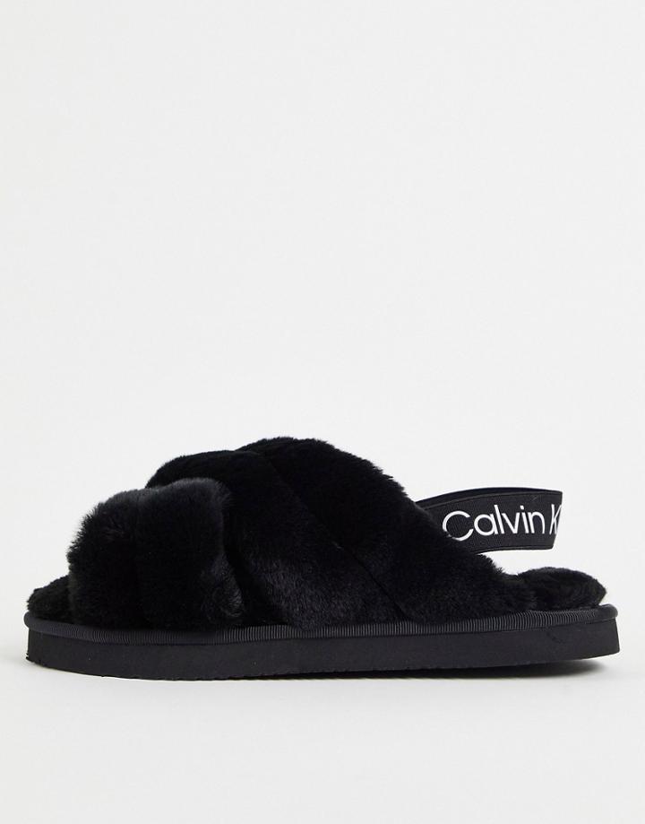 Calvin Klein Faux Fur Logo Band Slide Slipper In Black