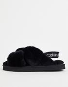 Calvin Klein Faux Fur Logo Band Slide Slipper In Black