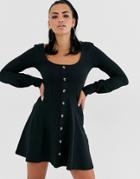 Asos Design Extreme Scoop Neck Button Through Tea Dress - Black
