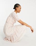 Asos Design Ruched Bust Midi Dress In Mixed Texture In Blush-pink
