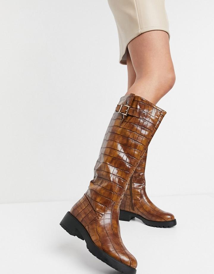 Asos Design Carmella Pull On Biker Knee Boots In Brown Croc