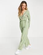 Asos Design Wrap Ruched Sleeve Embroidered Jumpsuit In Washed Khaki-green