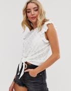 New Look Broderie Frill Sleeve Tie Front Blouse In White - White