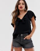 River Island Tie Front Top In Black-pink