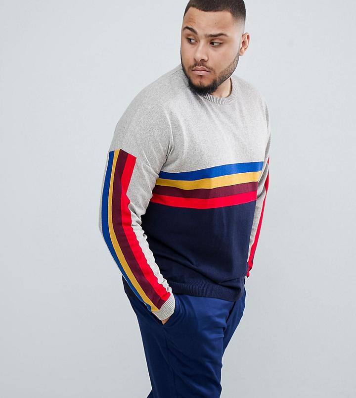Asos Design Plus Sweater With Rainbow Chest And Sleeve Stripes - Gray