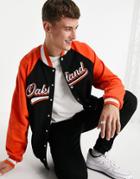 Asos Design Oversized Jersey Varsity Jacket In Vintage Color Block With Chest City Print-multi