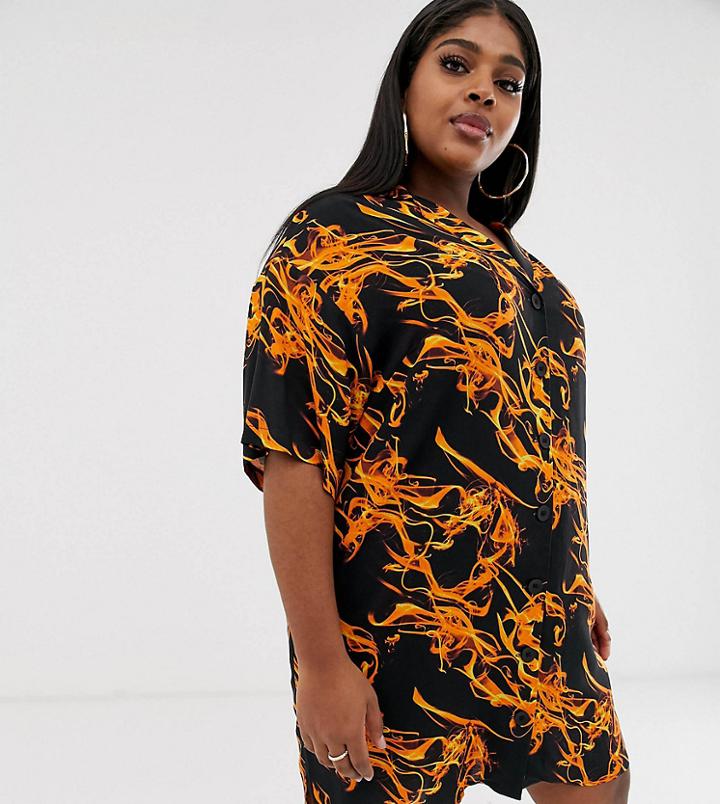 Asos Design Curve Chuck On Mini Shirt Dress In Flame Print - Multi