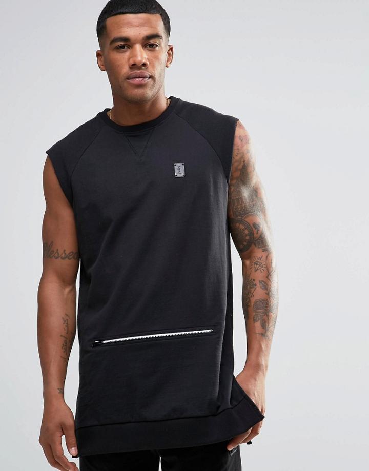 Religion Trail Sleeveless Sweatshirt With Zip Detail Pocket - Black