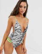 Asos Design Recycled Plunge Swimsuit In Mono Zebra Print With Contract Lattice - Multi