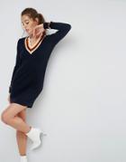Asos Knitted Dress With V Neck And Tipping - Navy
